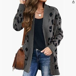 EUC MEROKEETY Open Front Leopard Cardigan w Pockets, Olive/Black, Size M